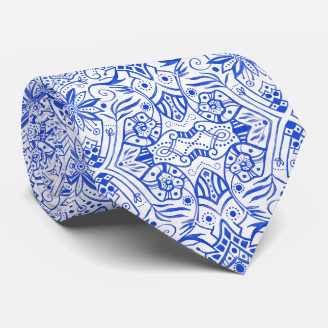 Greek Baroque Arabesque Pattern Azure Blue White Tie (Rolled)