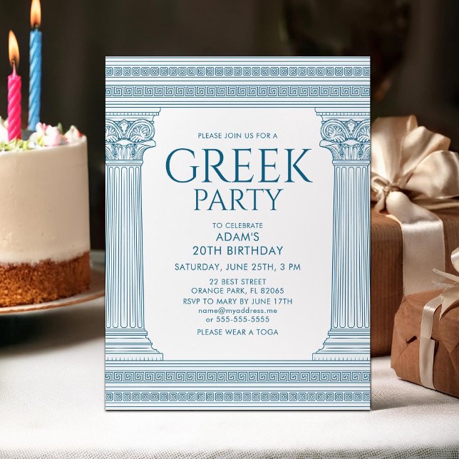 Greek birthday party with blue stone columns postcard (Creator Uploaded)