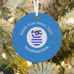 Greek Black Hair Angel Hanukkah Flag Personalized  Metal Ornament<br><div class="desc">Blue and white squiggly squares make up the background for this black haired angel who wears the Greek flag. Especially designed for your Hanukkah decor this holiday season. The flag of Greece is blue and white. Personalize with a name for yourself or a gift. Customize with the year. Designed for...</div>
