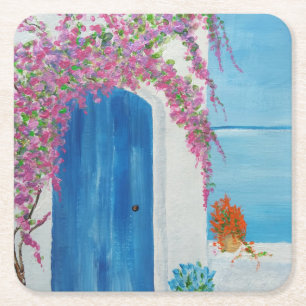 Greek Blue Door Square Paper Coaster