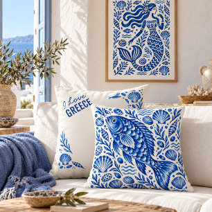 Greek Blue Fish Coastal Throw Pillow