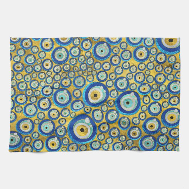 Greek Blue Glass Evil Eye Amulet Pattern Kitchen Towel (Horizontal)