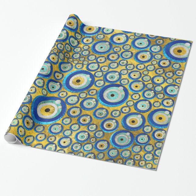Greek Blue Glass Evil Eye Amulet Pattern Wrapping Paper (Unrolled)
