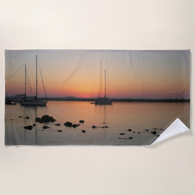 Greek Boats at Cyclades Sunset Beach Towel (Front)