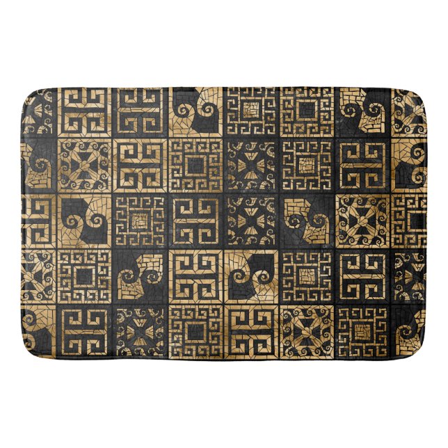 Greek Broken Tile Mosaic Black and gold Bath Mat (Front)