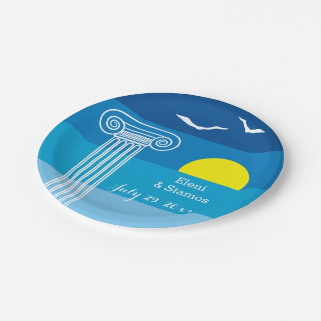 Greek columns and seagulls Greek beach wedding Paper Plate (Angled)