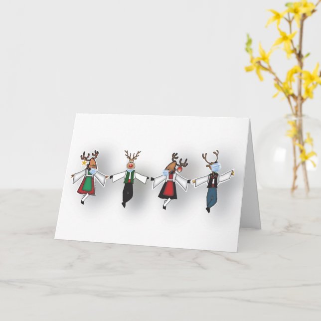 Greek Dancing Reindeer wearing FaceMasks Card (Yellow Flower)