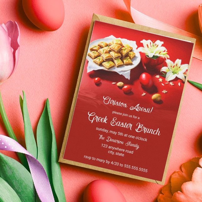 Greek Easter Baklava With Eggs And Lilies Invite (Embrace Greek Easter's Spirit: Baklava, Lilies, & Red Eggs Invitation!)