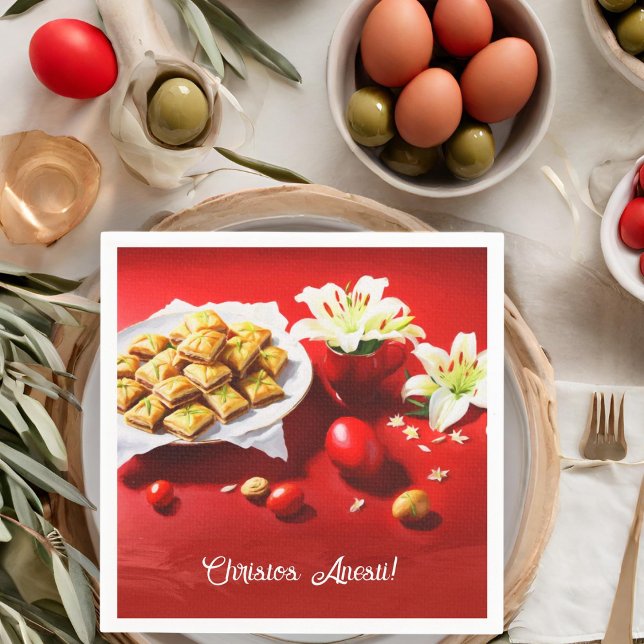 Greek Easter Baklava With Eggs And Lilies Invite Napkin (A festive napkin for your holiday event. )