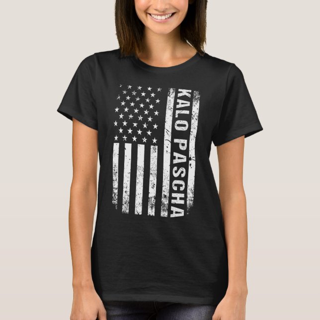 Greek Easter Kalo Pascha Retro Us Flag Greek Ameri T-Shirt (Front)