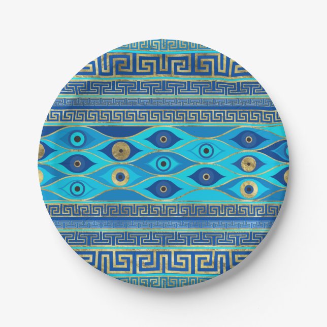 Greek Evil Eye and Greek Key ornament Paper Plate (Front)