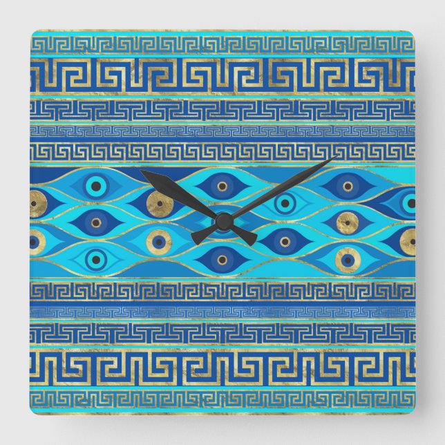 Greek Evil Eye and Greek Key ornament Square Wall Clock (Front)