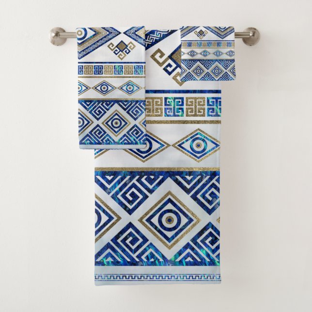 Greek Evil Eye and Meander Key Ornament Bath Towel Set (Insitu)