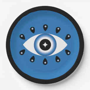 Greek Evil Eye Blue Black White Paper Plate