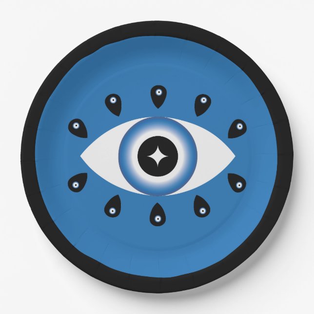 Greek Evil Eye Blue Black White Paper Plate (Front)