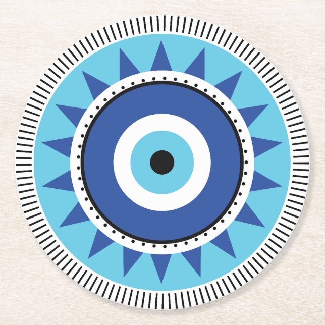 Greek Evil Eye Blue White Round Paper Coaster (Front)