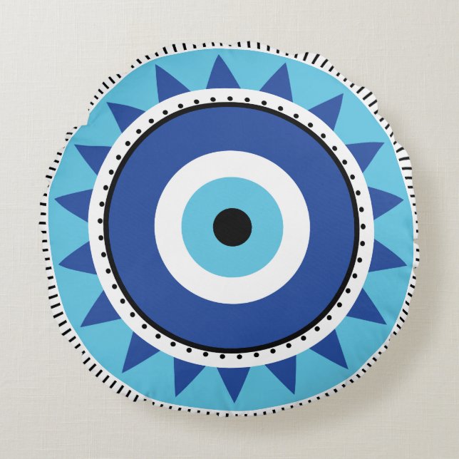 Greek Evil Eye Blue White Round Pillow (Front)