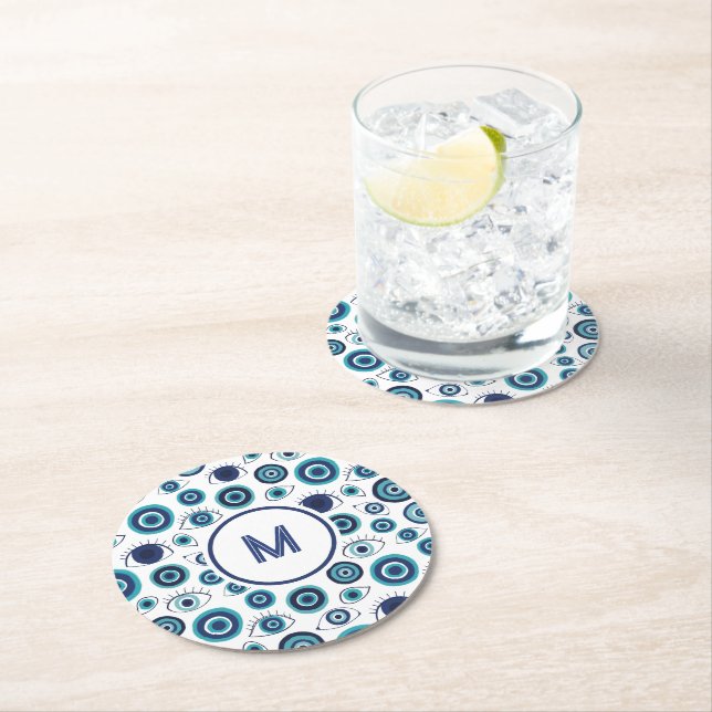 Greek Evil Eye Coastal Blue White  Round Paper Coaster (Insitu)