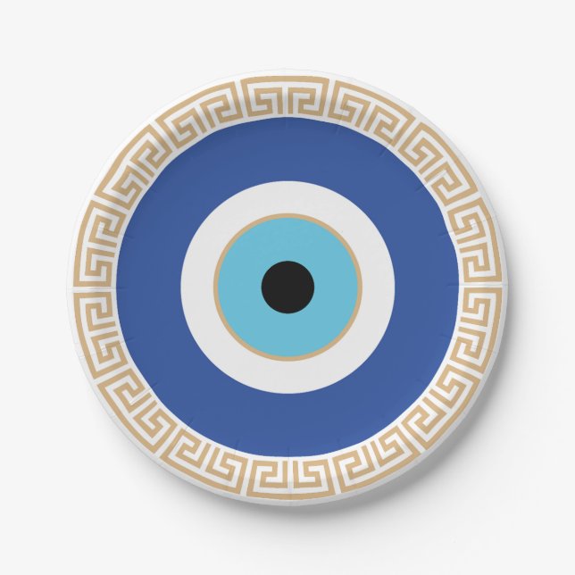 Greek Evil Eye In Greek Key Paper Plate (Front)