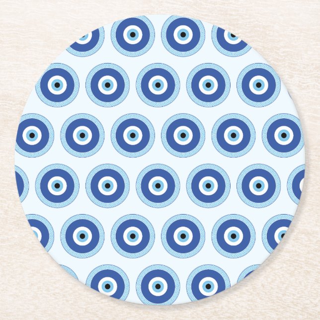 Greek Evil Eye In Greek Key Round Paper Coaster (Front)