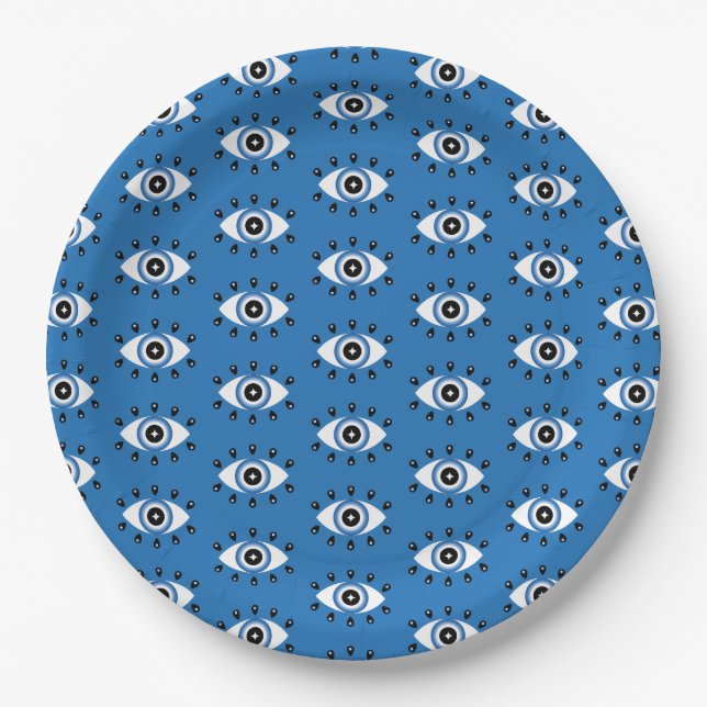 Greek Evil Eye Pattern Blue Black White Paper Plate (Front)