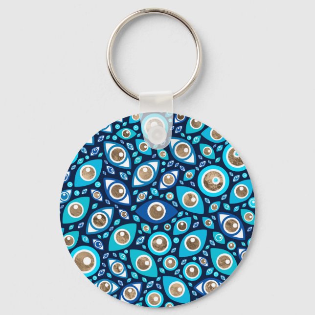 Greek Evil Eye pattern Blues and Gold #2 Keychain (Front)