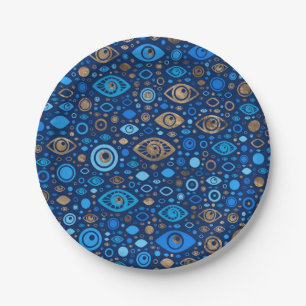 Greek Evil Eye pattern Blues and Gold Paper Plate