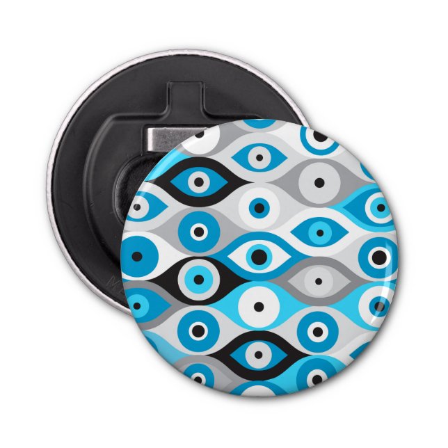 Greek Evil Eye pattern Blues and Greys Bottle Opener (Front)