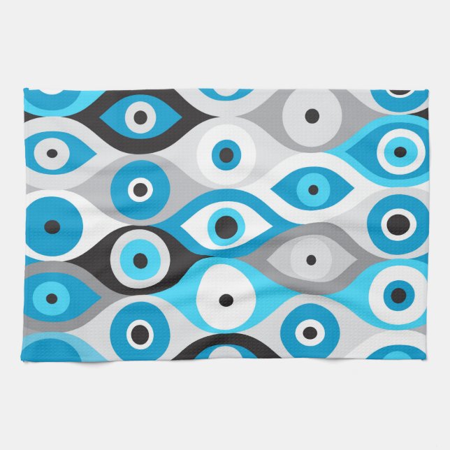 Greek Evil Eye pattern Blues and Greys Kitchen Towel (Horizontal)
