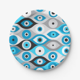 Greek Evil Eye pattern Blues and Greys Paper Plate