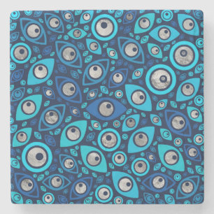 Greek Evil Eye pattern Blues and Silver #2 Stone Coaster