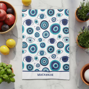 Greek Evil Eye Pattern Custom Blue White  Kitchen Towel