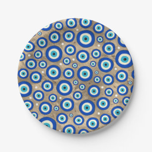 Greek Evil Eye pattern pastel gold background Paper Plate