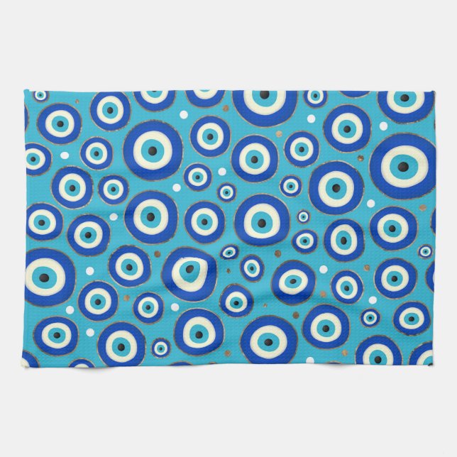 Greek Evil Eye pattern with golden accents Kitchen Towel (Horizontal)