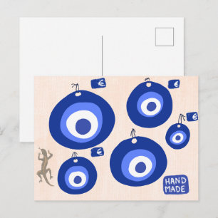 Greek evil eye traditional decor with lizzard postcard