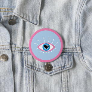 Greek Evil Eye With Eyelashes Pink Blue  3 Inch Round Button