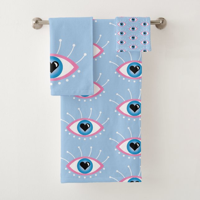 Greek Evil Eye With Eyelashes Pink Blue  Bath Towel Set (Insitu)