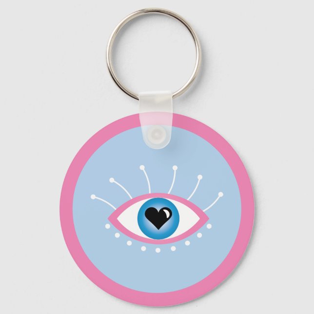 Greek Evil Eye With Eyelashes Pink Blue  Keychain (Front)