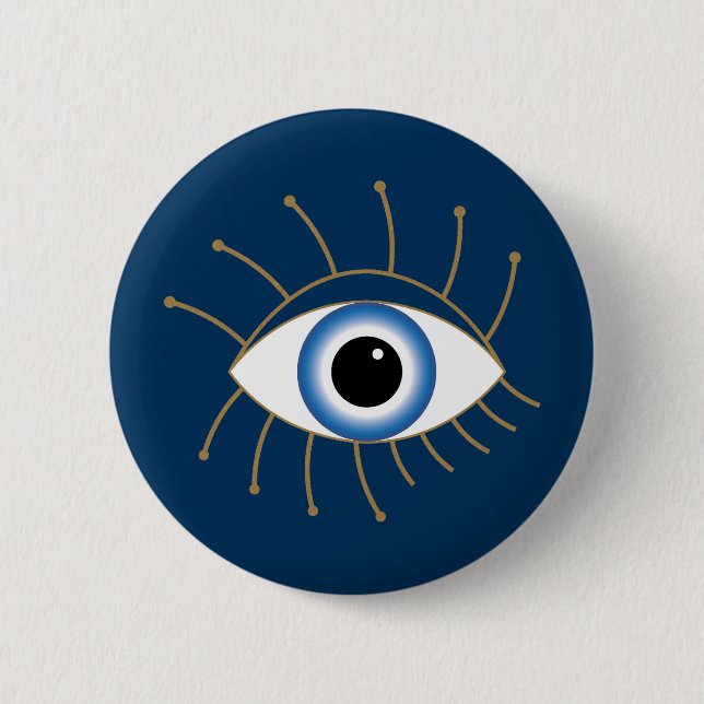 Greek Evil Eye With Lashes Blue White Gold 2 Inch Round Button (Front)