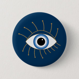 Greek Evil Eye With Lashes Blue White Gold 2 Inch Round Button