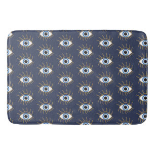 Greek Evil Eye With Lashes Blue White Gold Bath Mat