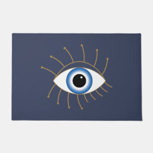 Greek Evil Eye With Lashes Blue White Gold Doormat