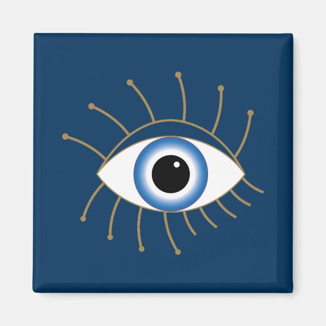 Greek Evil Eye With Lashes Blue White Gold Magnet (Front)