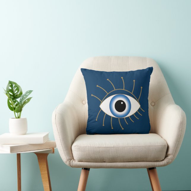 Greek Evil Eye With Lashes Blue White Gold Throw Pillow (Chair)