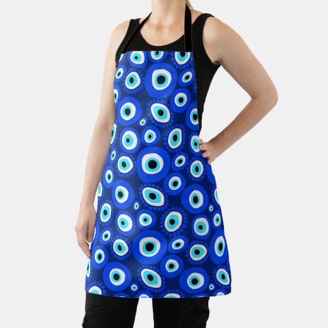 Greek Eye Blue White Good Fortune Pattern on Navy Apron (Insitu)