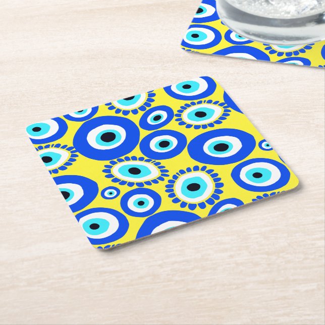Greek Eye Symbol Blue Yellow and White Pattern Square Paper Coaster (Angled)