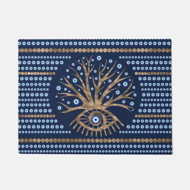 Greek Eye Tree - Mati Mataki gold and dark blue Doormat (Front)
