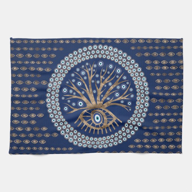 Greek Eye Tree - Mati Mataki - Matiasma on blue Kitchen Towel (Horizontal)