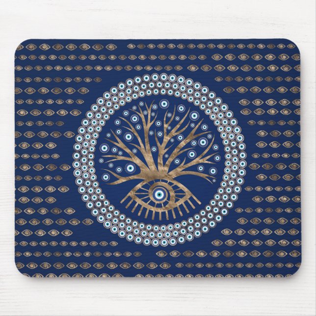 Greek Eye Tree - Mati Mataki - Matiasma on blue Mouse Pad (Front)