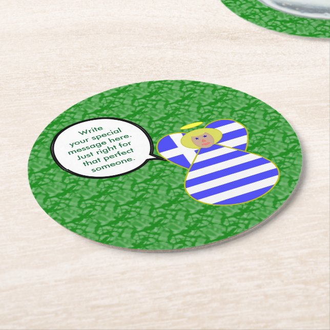 Greek Flag Angel Talking Blonde Personalized  Round Paper Coaster (Angled)